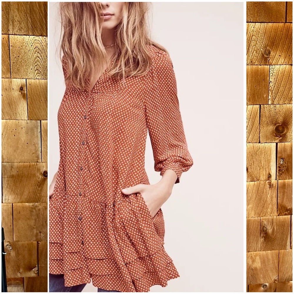 Anthropologie Holding Horses Pavin Tunic 3/4 Sleeve Button Front Pockets Ruffle